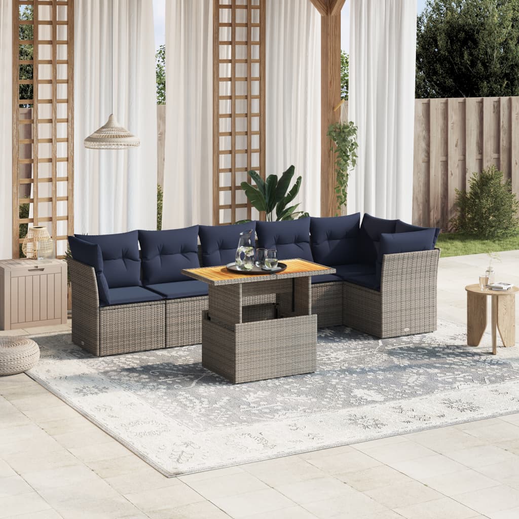 7 pcs conjunto sofás p/ jardim c/ almofadões vime PE cinzento