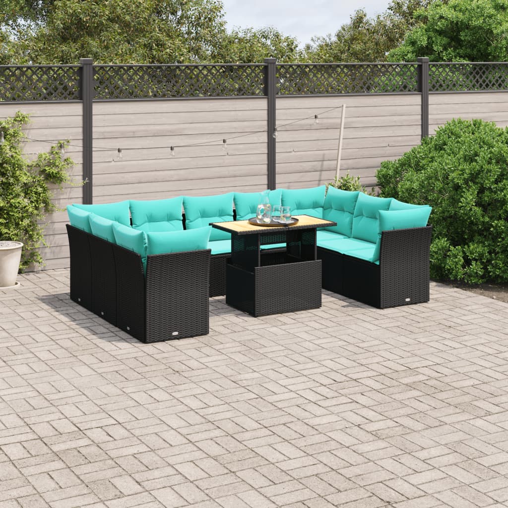 10 pcs conjunto de sofás p/ jardim c/ almofadões vime PE preto