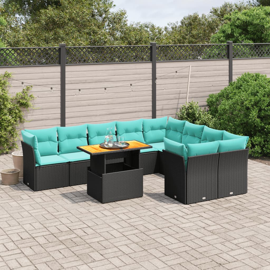 10 pcs conjunto de sofás p/ jardim c/ almofadões vime PE preto