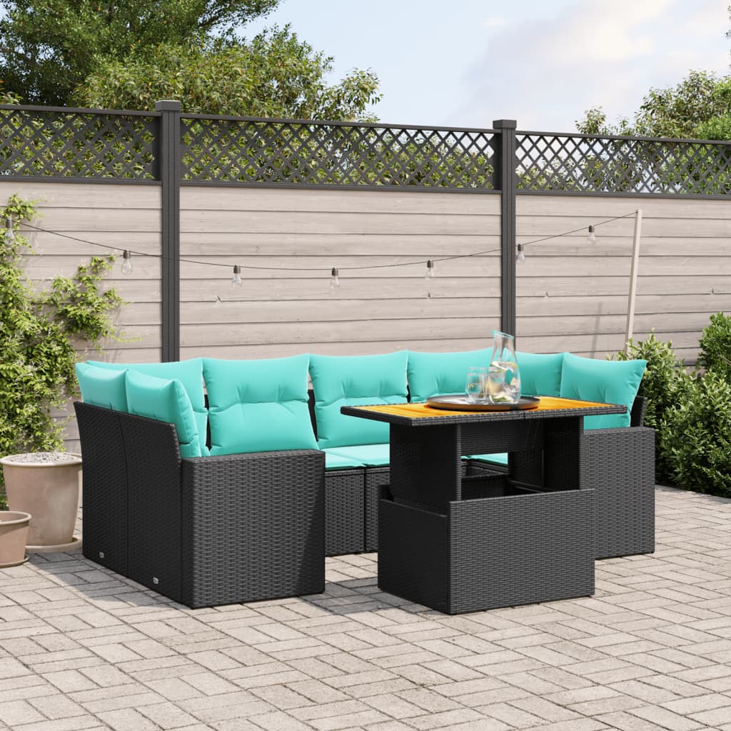 7 pcs conjunto de sofás p/ jardim c/ almofadões vime PE preto