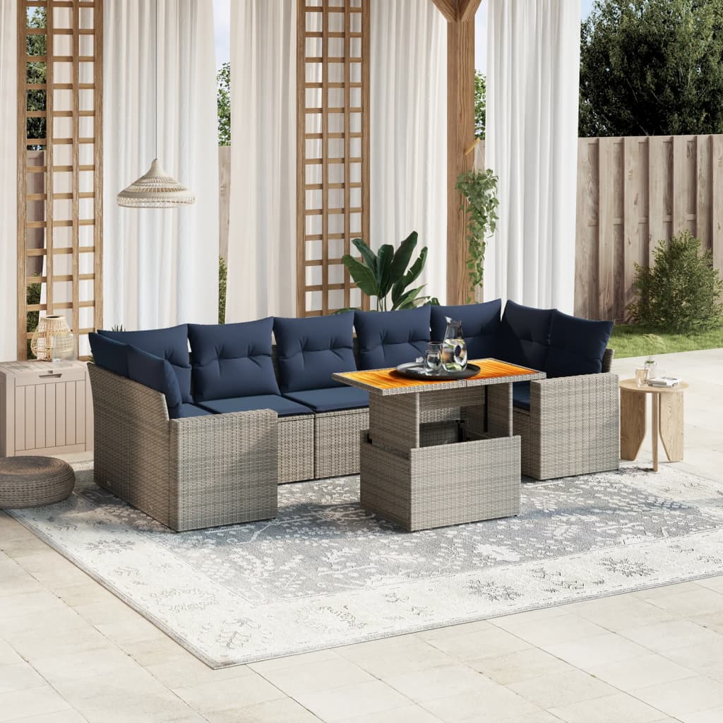 8 pcs conjunto sofás p/ jardim c/ almofadões vime PE cinzento