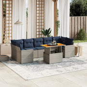 8 pcs conjunto sofás p/ jardim c/ almofadões vime PE cinzento