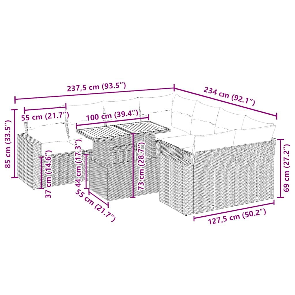 9 pcs conjunto de sofás p/ jardim com almofadões vime PE bege