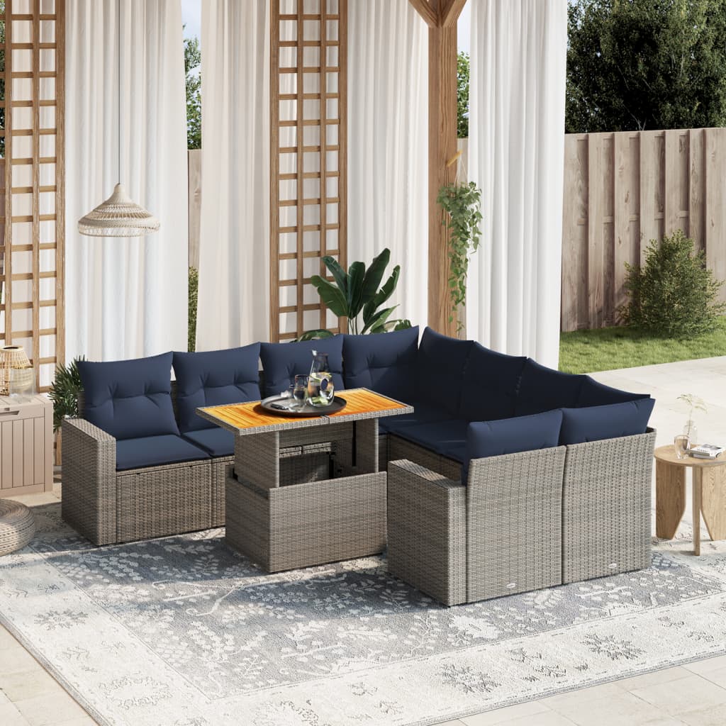 9 pcs conjunto sofás p/ jardim c/ almofadões vime PE cinzento