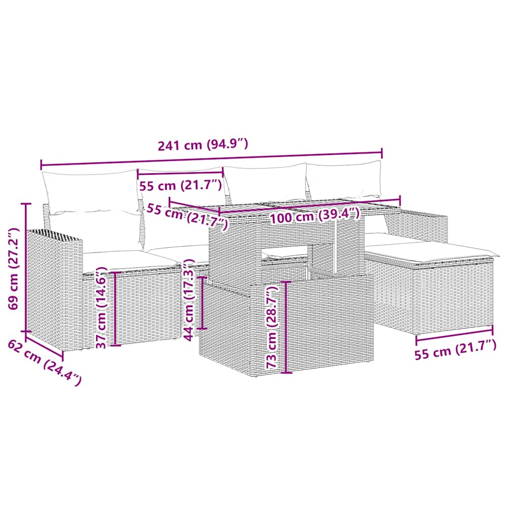 6 pcs conjunto de sofás p/ jardim com almofadões vime PE bege