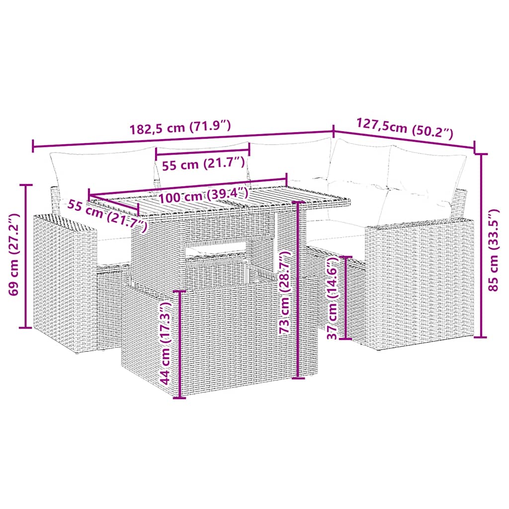 5 pcs conjunto de sofás p/ jardim com almofadões vime PE bege