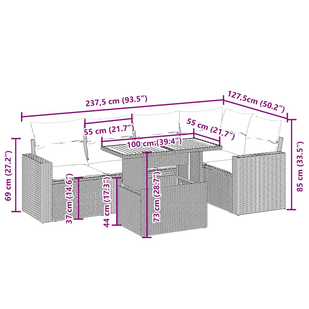 6 pcs conjunto de sofás p/ jardim com almofadões vime PE bege