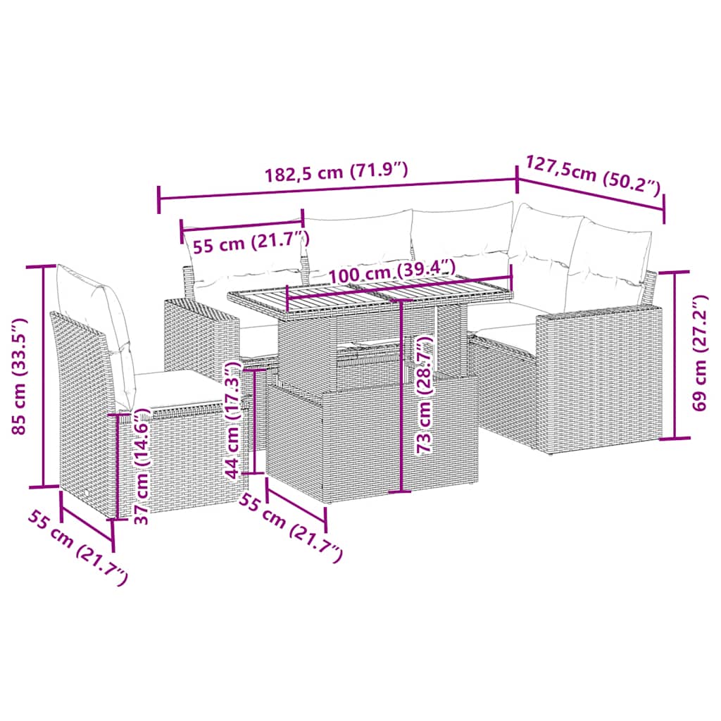 6 pcs conjunto de sofás p/ jardim com almofadões vime PE bege