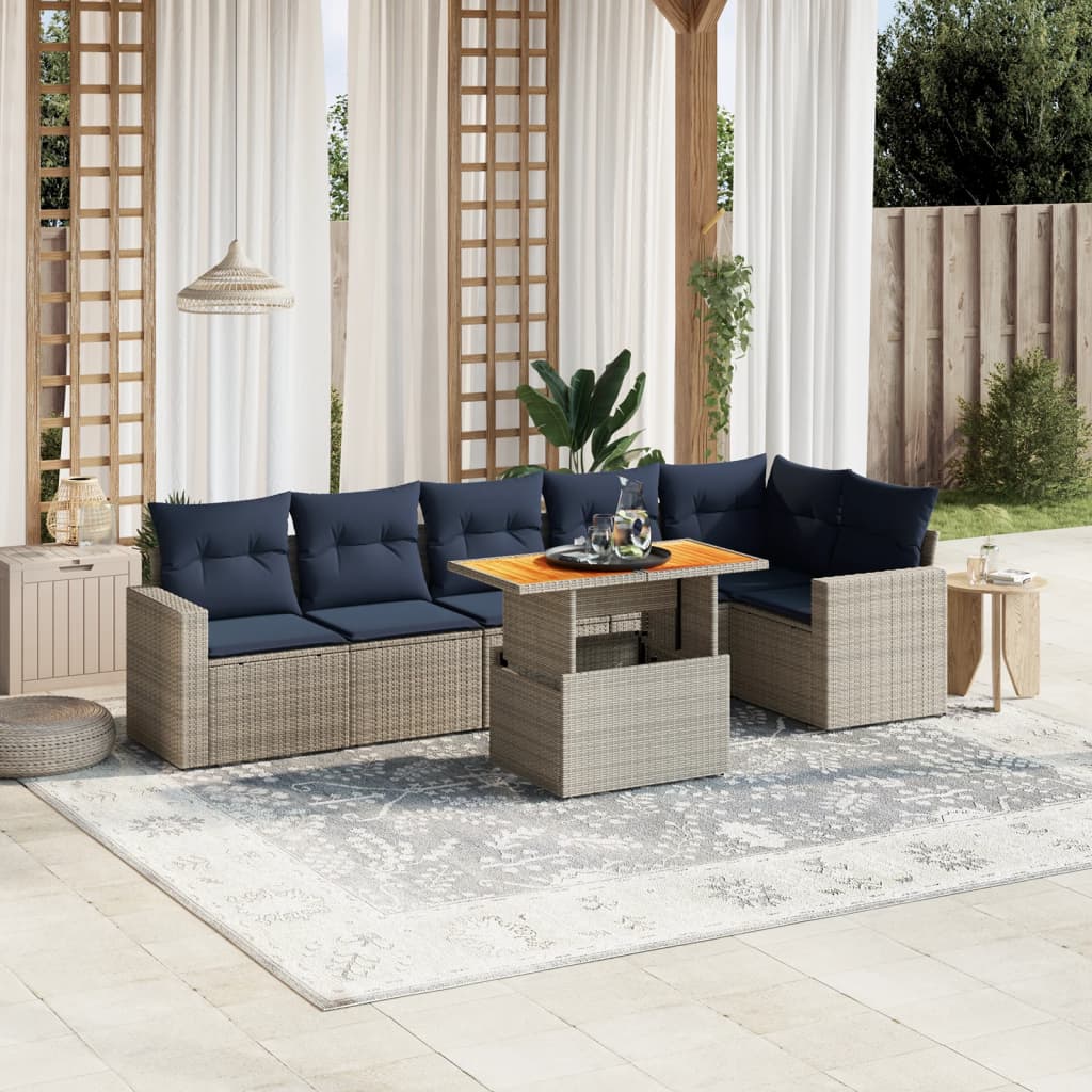 7 pcs conjunto sofás p/ jardim c/ almofadões vime PE cinzento