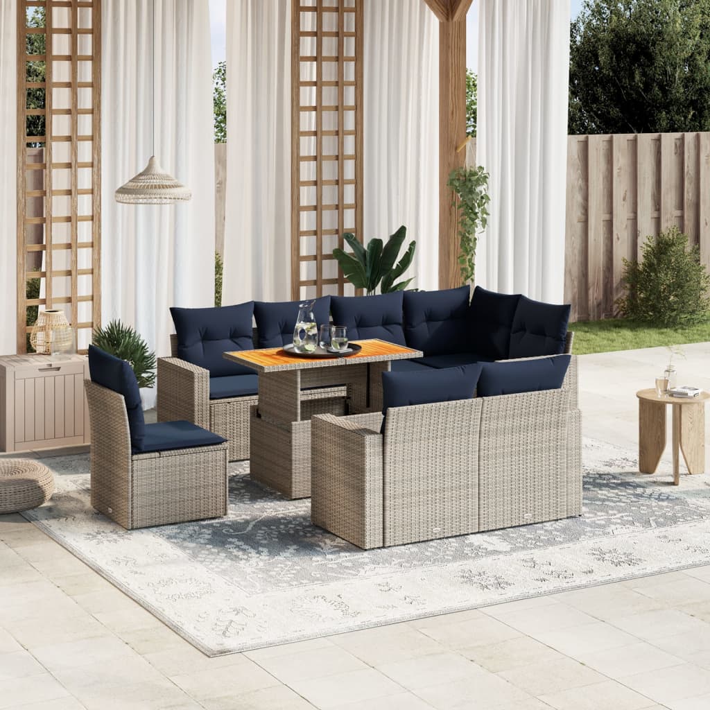 9 pcs conjunto sofás p/ jardim c/ almofadões vime PE cinzento