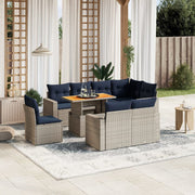 9 pcs conjunto sofás p/ jardim c/ almofadões vime PE cinzento