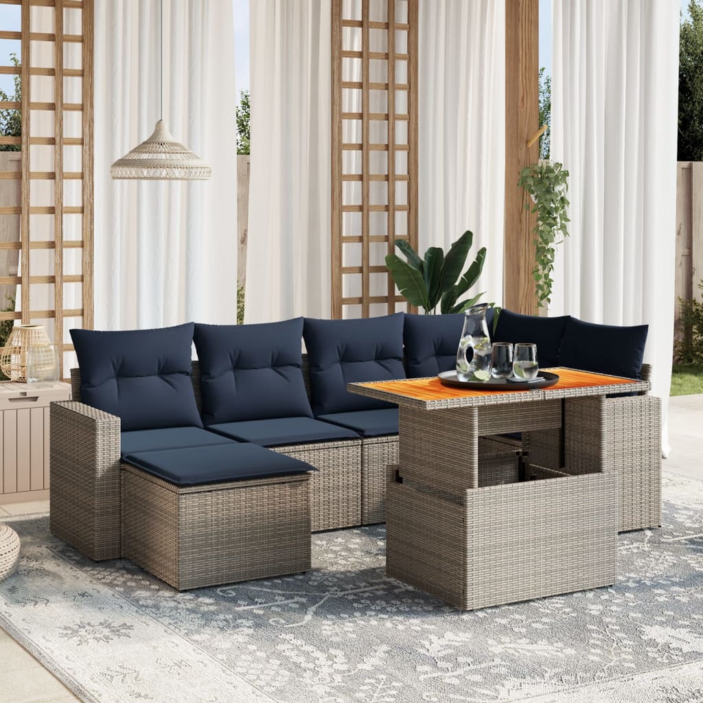 7 pcs conjunto sofás p/ jardim c/ almofadões vime PE cinzento