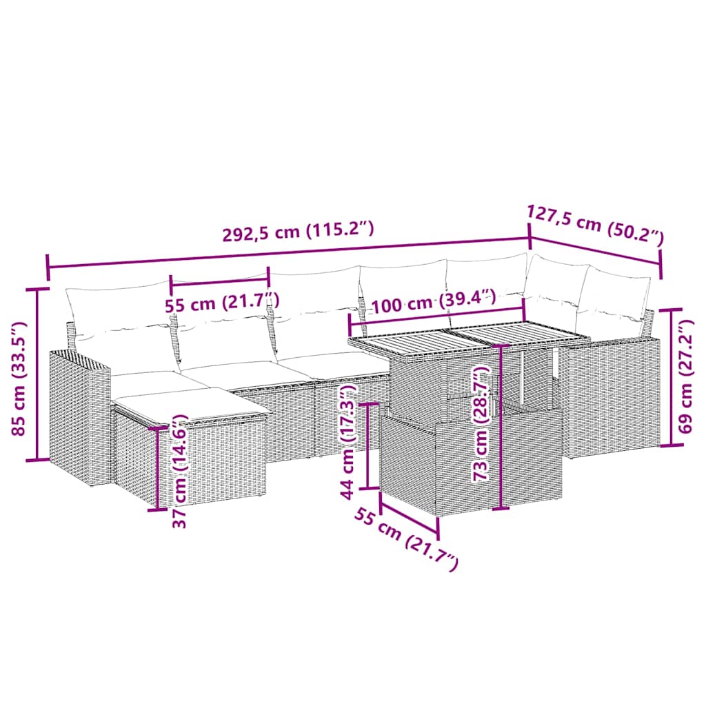 8 pcs conjunto de sofás p/ jardim com almofadões vime PE bege