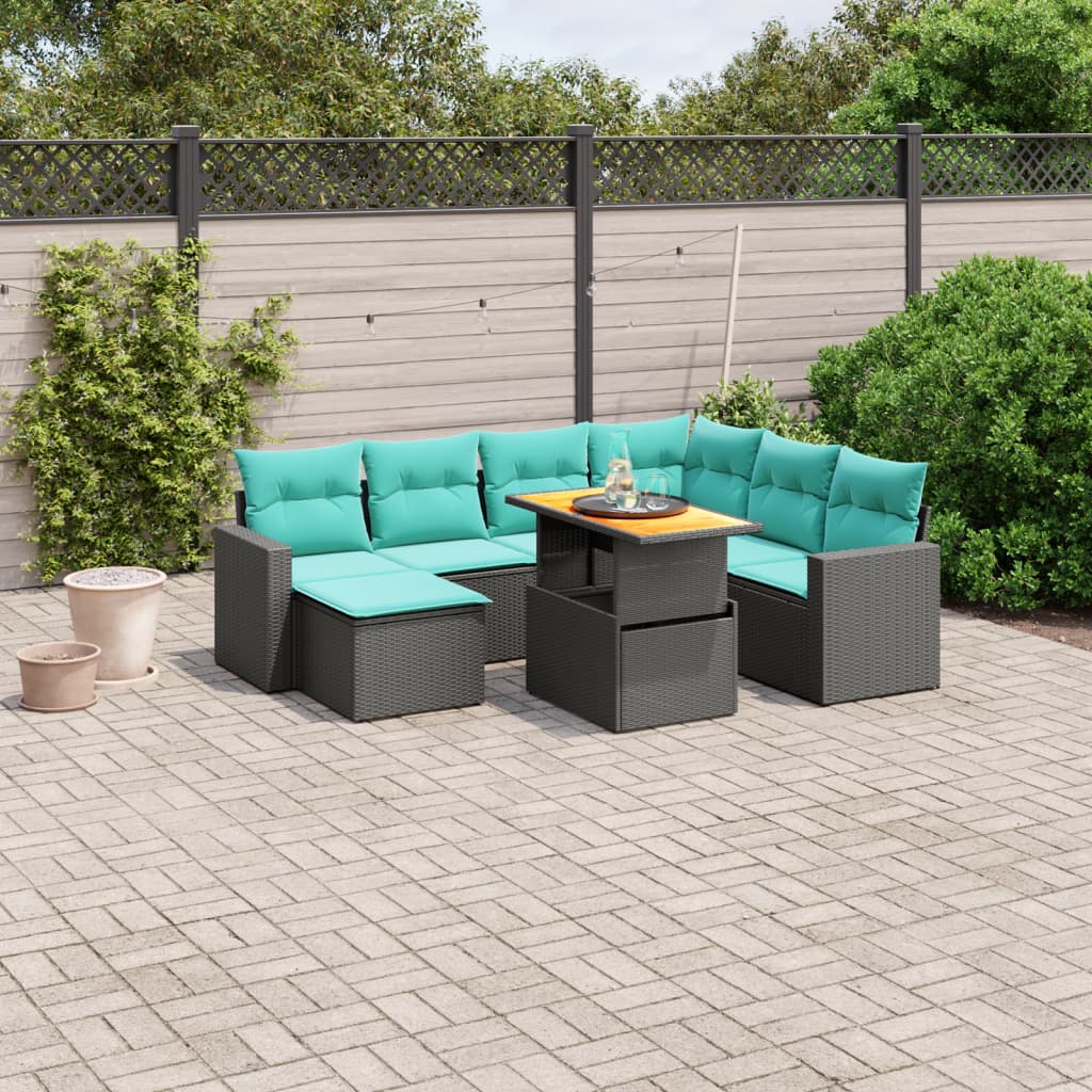 8 pcs conjunto de sofás p/ jardim c/ almofadões vime PE preto