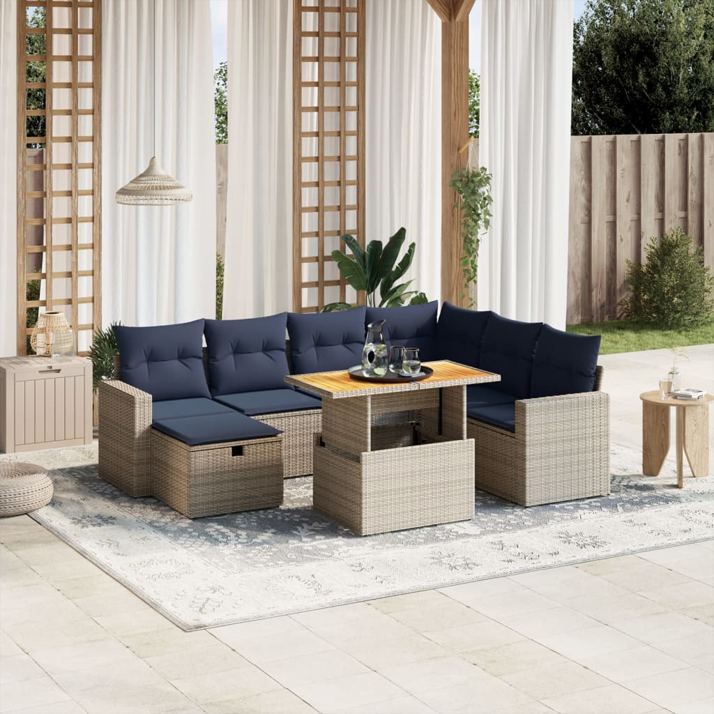 8 pcs conjunto sofás p/ jardim c/ almofadões vime PE cinzento