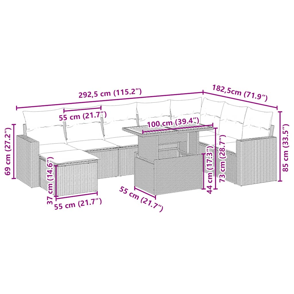 9 pcs conjunto de sofás p/ jardim com almofadões vime PE bege