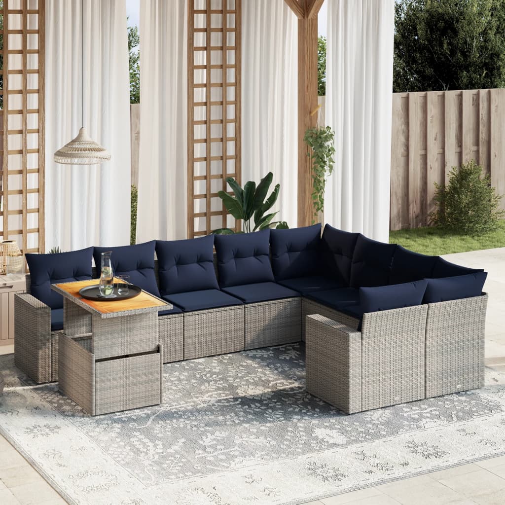 10 pcs conjunto sofás p/ jardim c/ almofadões vime PE cinzento