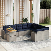 10 pcs conjunto sofás p/ jardim c/ almofadões vime PE cinzento