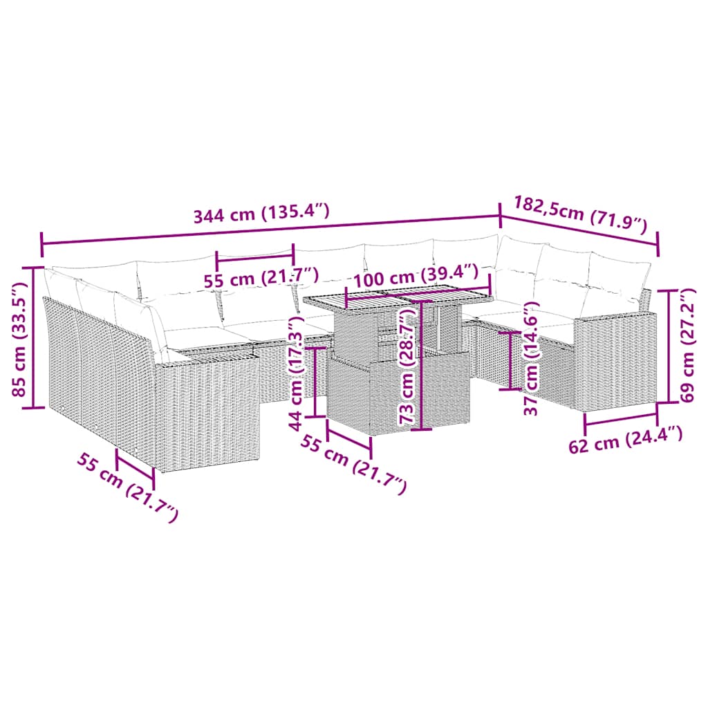 11 pcs conjunto sofás de jardim c/ almofadões vime PE bege