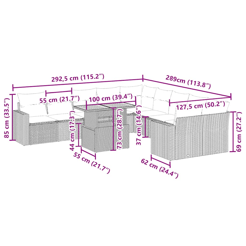 11 pcs conjunto sofás de jardim c/ almofadões vime PE bege