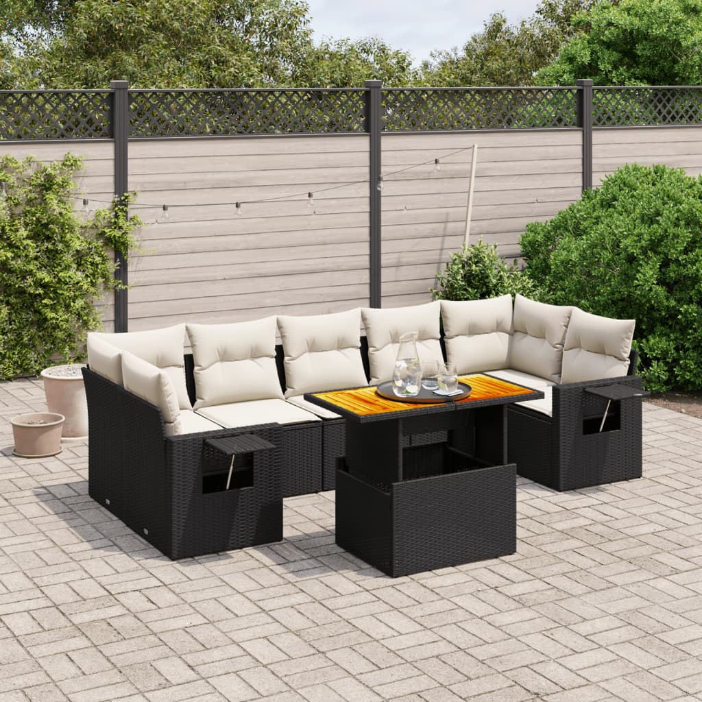 8 pcs conjunto sofás de jardim com almofadões vime PE preto