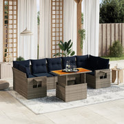 8 pcs conjunto sofás p/ jardim c/ almofadões vime PE cinzento