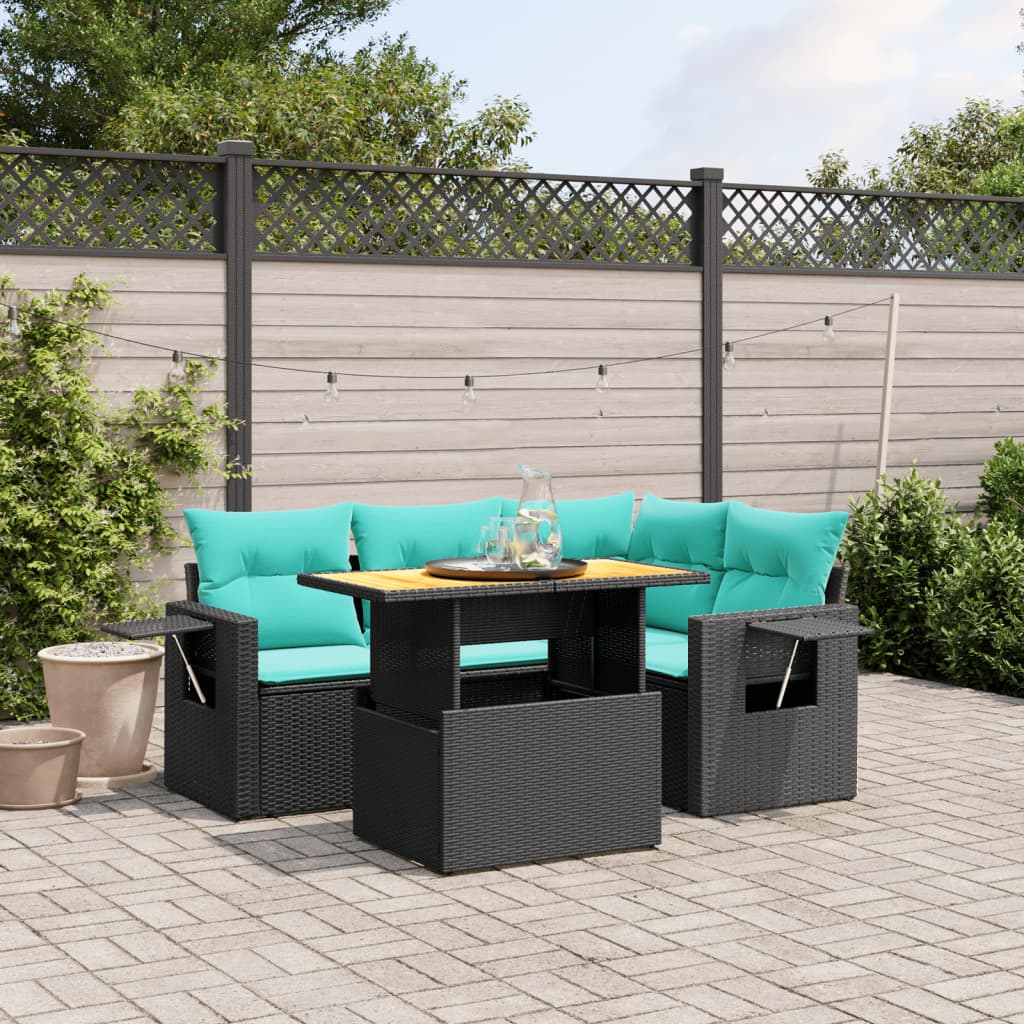 5 pcs conjunto de sofás p/ jardim c/ almofadões vime PE preto