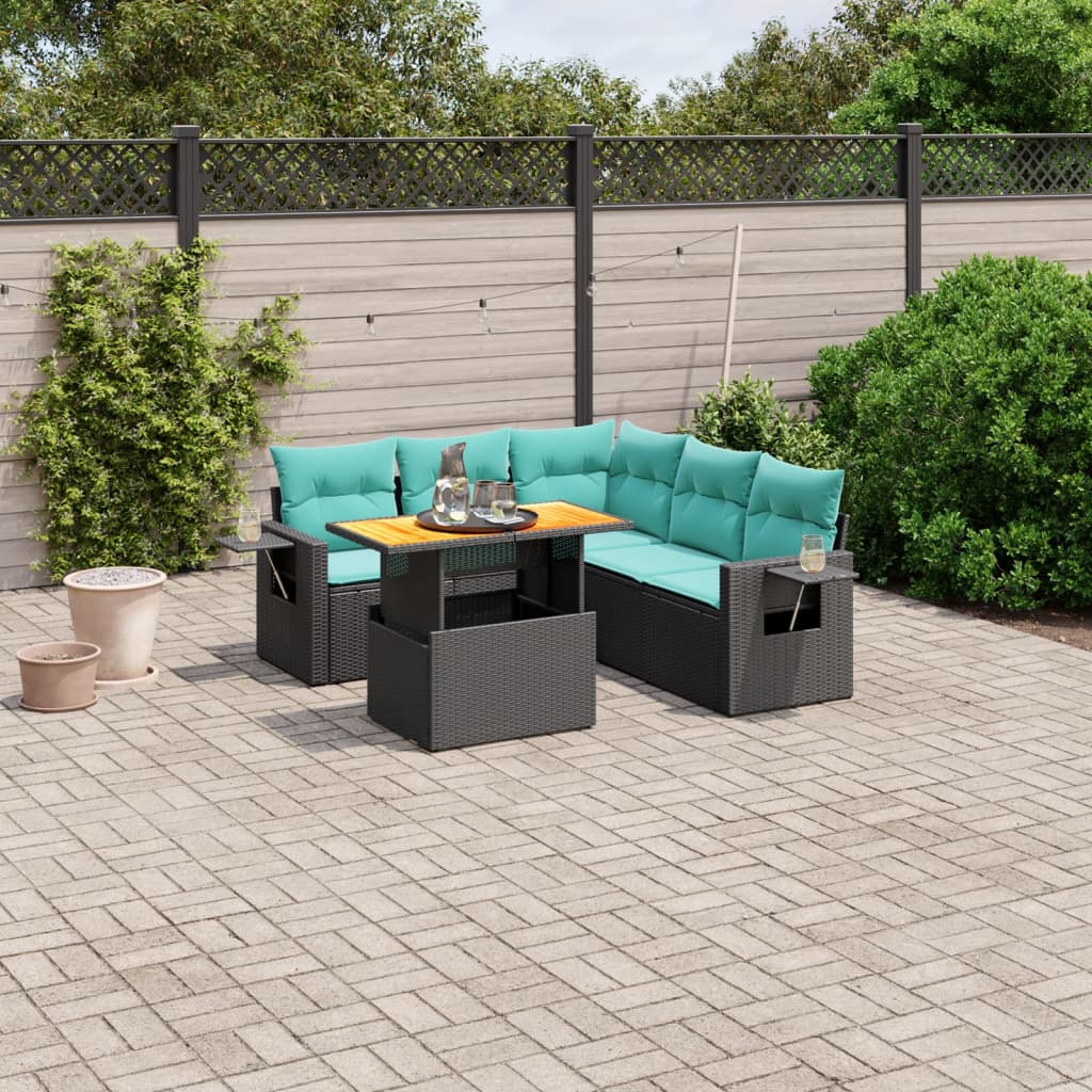 6 pcs conjunto de sofás p/ jardim c/ almofadões vime PE preto