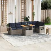 7 pcs conjunto sofás p/ jardim c/ almofadões vime PE cinzento