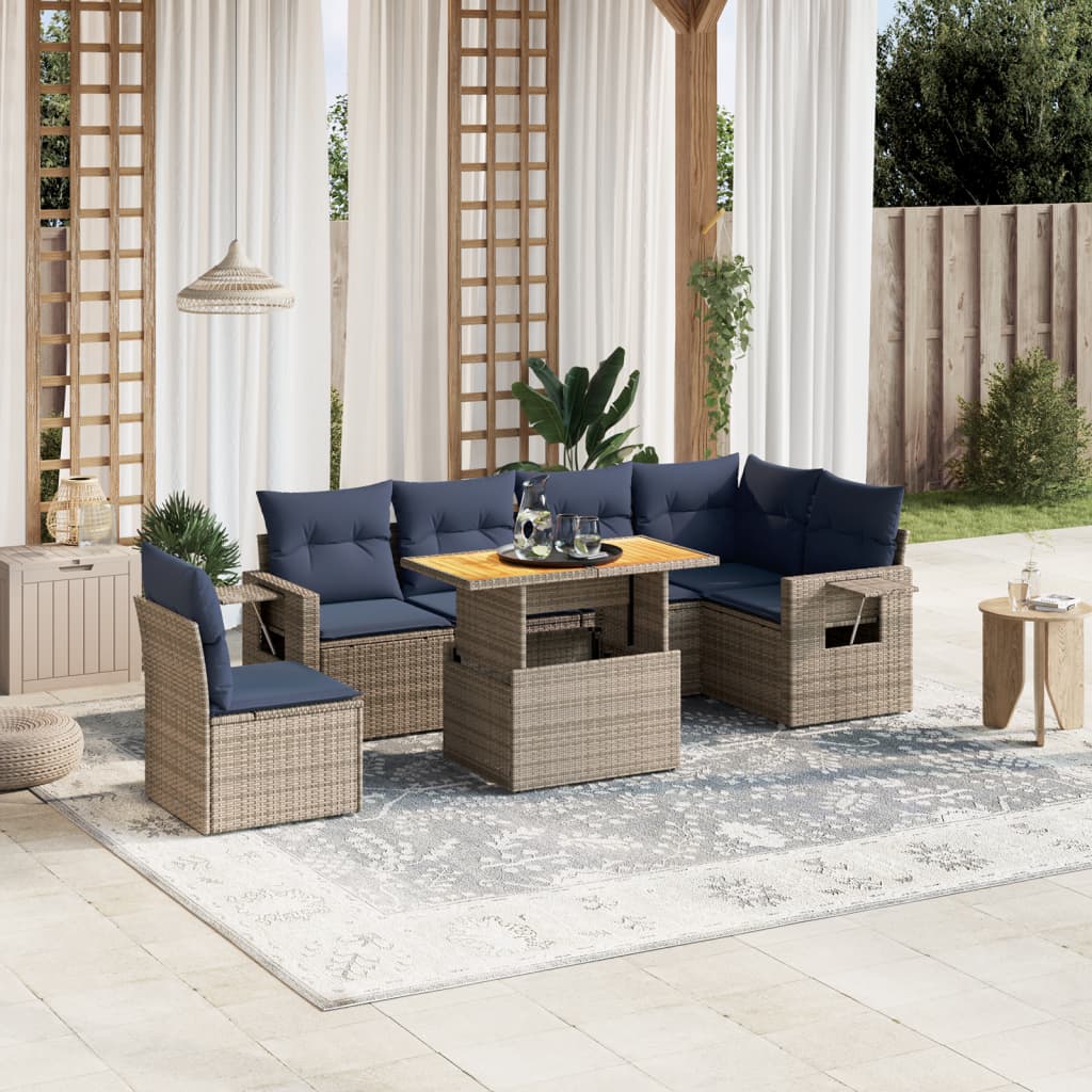 7 pcs conjunto sofás p/ jardim c/ almofadões vime PE cinzento