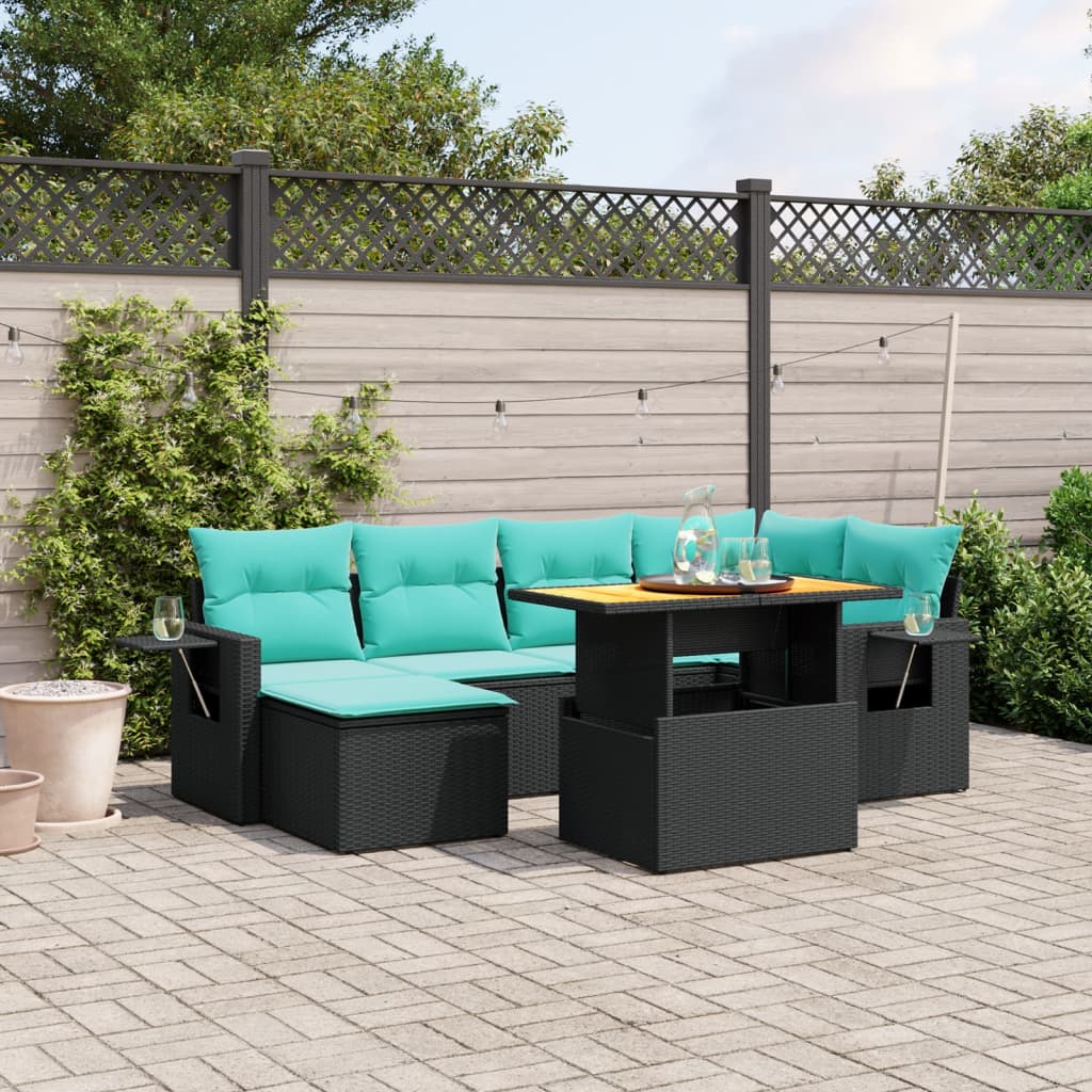 7 pcs conjunto de sofás p/ jardim c/ almofadões vime PE preto