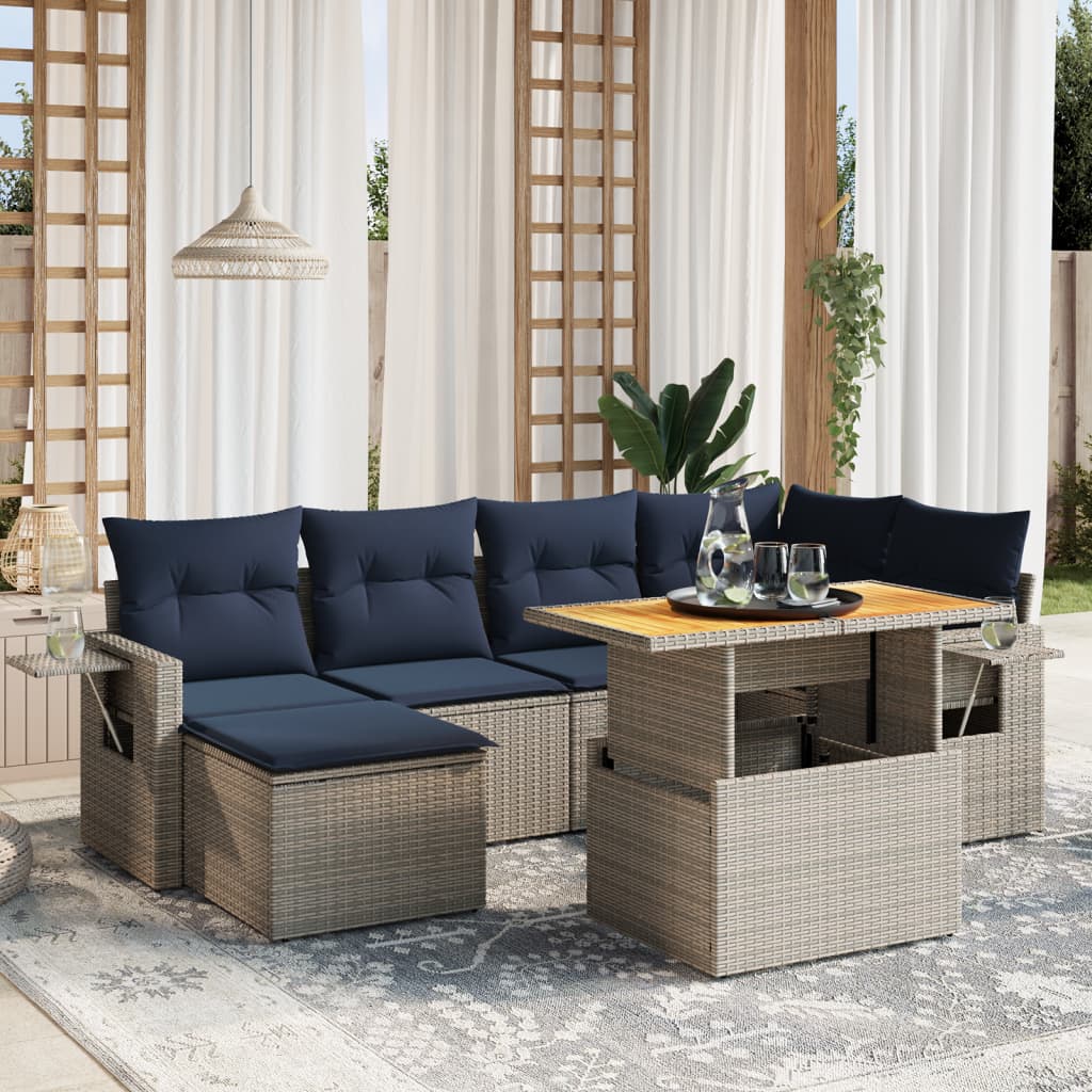 7 pcs conjunto sofás p/ jardim c/ almofadões vime PE cinzento