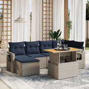 7 pcs conjunto sofás p/ jardim c/ almofadões vime PE cinzento