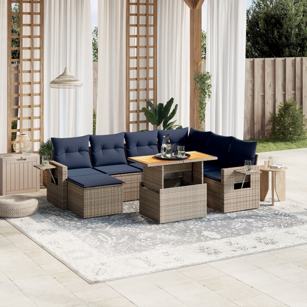 8 pcs conjunto sofás p/ jardim c/ almofadões vime PE cinzento