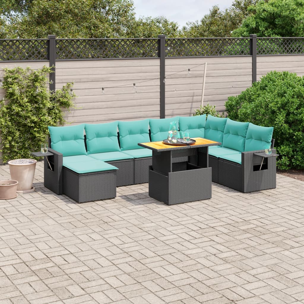 9 pcs conjunto de sofás p/ jardim c/ almofadões vime PE preto