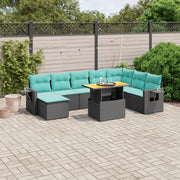 9 pcs conjunto de sofás p/ jardim c/ almofadões vime PE preto