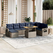 9 pcs conjunto sofás p/ jardim c/ almofadões vime PE cinzento