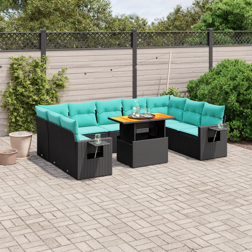 10 pcs conjunto de sofás p/ jardim c/ almofadões vime PE preto