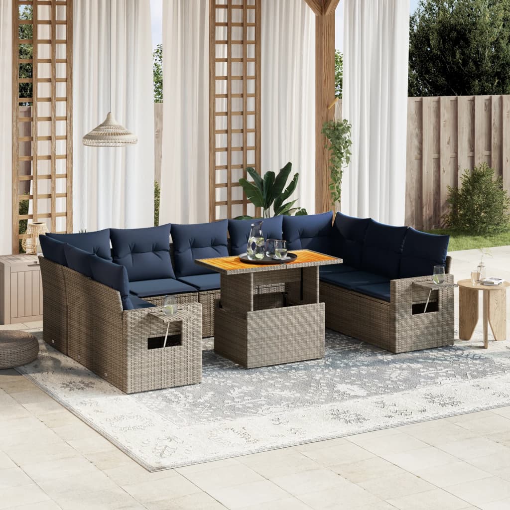 10 pcs conjunto sofás p/ jardim c/ almofadões vime PE cinzento