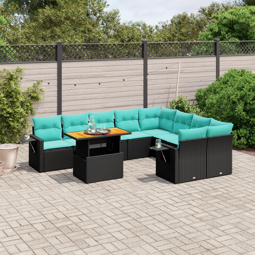 10 pcs conjunto de sofás p/ jardim c/ almofadões vime PE preto