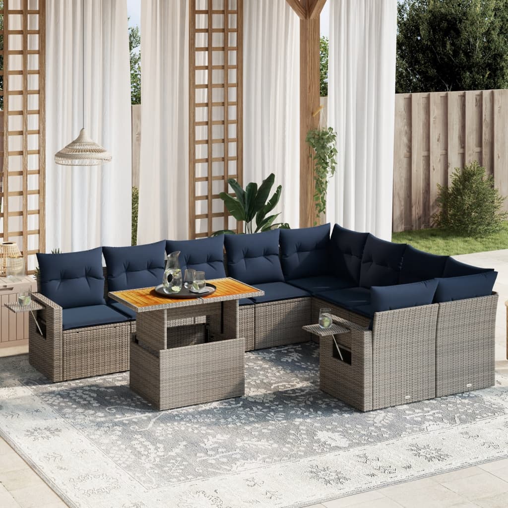 10 pcs conjunto sofás p/ jardim c/ almofadões vime PE cinzento