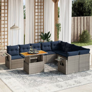 10 pcs conjunto sofás p/ jardim c/ almofadões vime PE cinzento