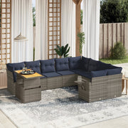 10 pcs conjunto sofás p/ jardim c/ almofadões vime PE cinzento