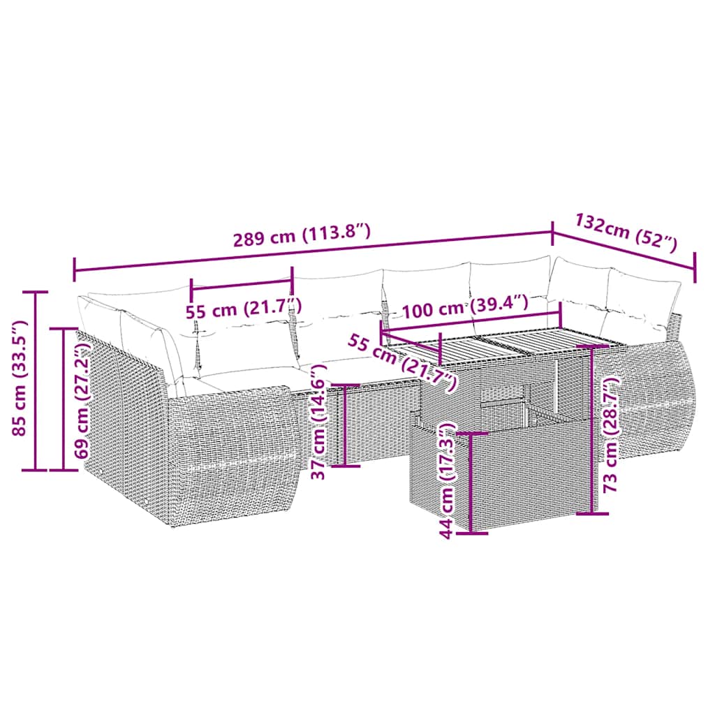 8 pcs conjunto de sofás p/ jardim com almofadões vime PE bege