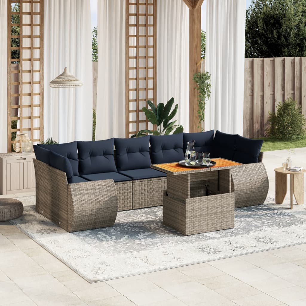 8 pcs conjunto sofás p/ jardim c/ almofadões vime PE cinzento