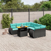 9 pcs conjunto de sofás p/ jardim c/ almofadões vime PE preto