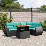 6 pcs conjunto de sofás p/ jardim c/ almofadões vime PE preto