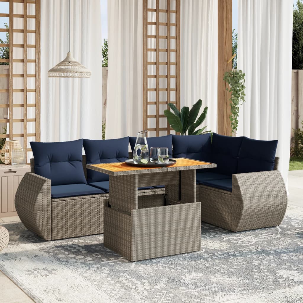 6 pcs conjunto sofás p/ jardim c/ almofadões vime PE cinzento