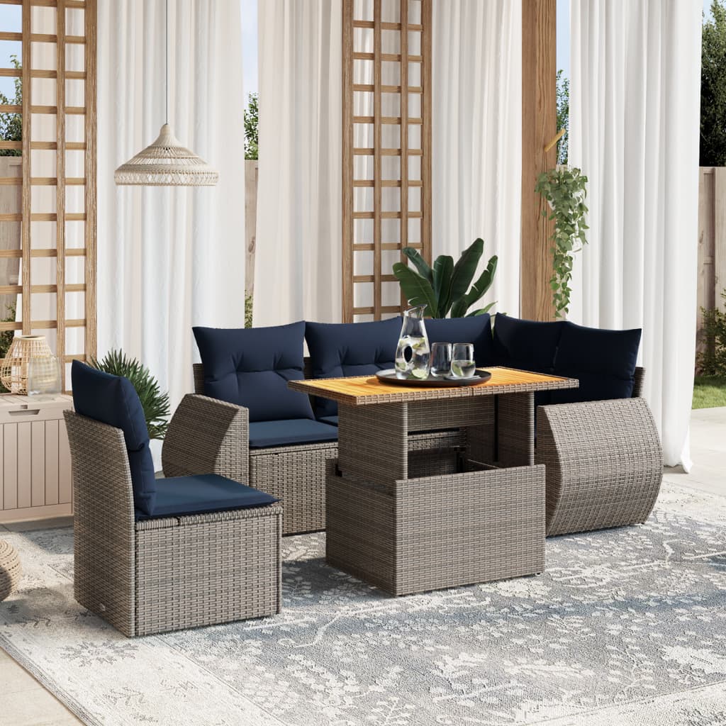 6 pcs conjunto sofás p/ jardim c/ almofadões vime PE cinzento