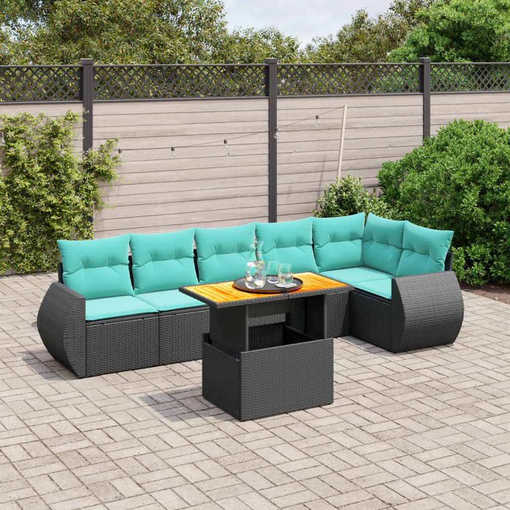 7 pcs conjunto de sofás p/ jardim c/ almofadões vime PE preto